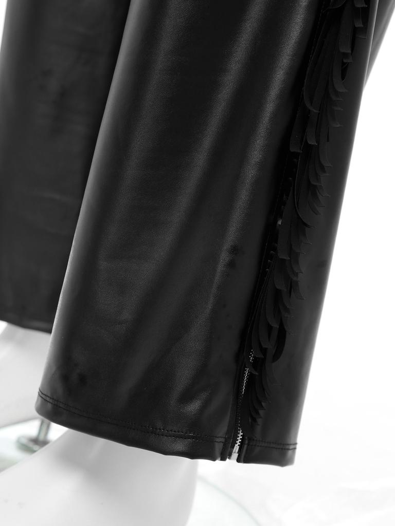 Pantaloni da Cowboy Occidentali da Uomo in Ecopelle con Frange, Lati Tagliati, Zip, Frange