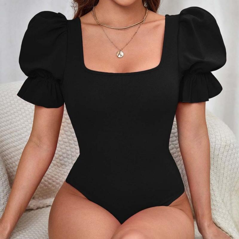 Mono de Manga Abullonada Estilo Europeo y Americano Moda de Verano Elegante Ajustado Sexy Top para Mujer
