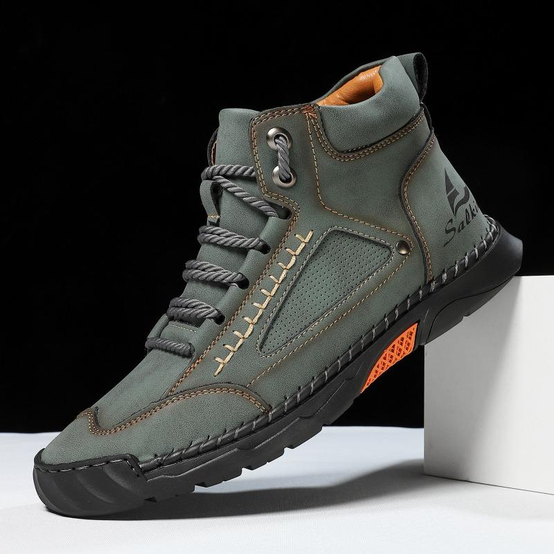 Plus-size Leather Boots, Men's Fashionable Ankle Boots, Flat Lace-up Casual Shoes