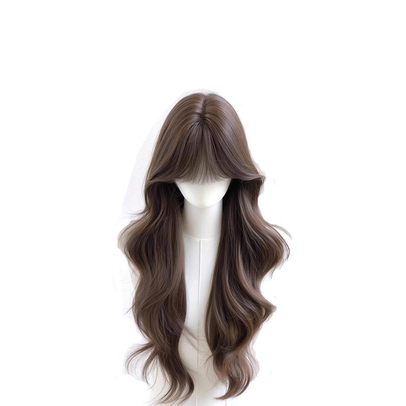 Women's Full Head Wig with Realistic Hair Fibers, Seamless Frontal, Large Scalp Coverage, Bangs, and Large Wave Long Curls