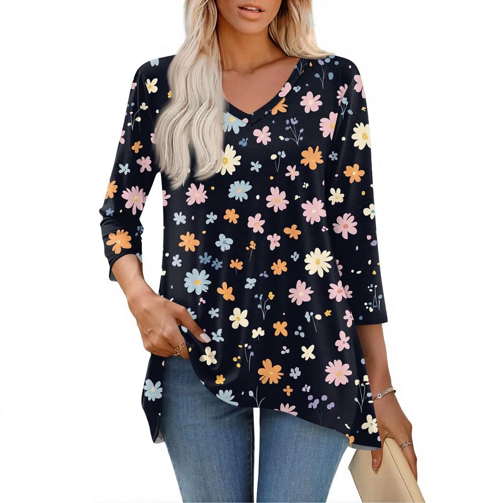 Dámské topy s výstřihem do V a 3/4 rukávem, ležérní košile střední délky, módní tuniky s potiskem