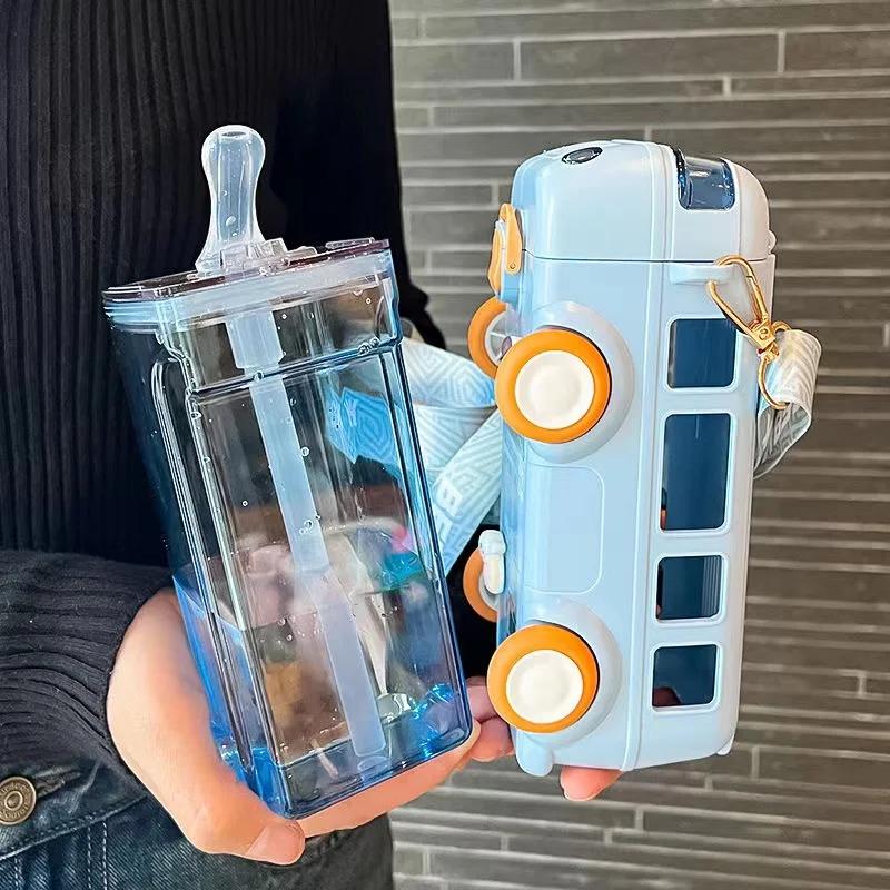 BPA FREE Bus Toy Bottle for Kids Gift Tritan Straw Water Bottle Cup Charming Girl Boy School Kindergarten Travel Kettle with Straps