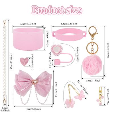 9 Pcs Cup Accessories Set Bow Water Bottle Accessories Set with Bottle Cover Cup Strap Chain Pendant Bow for 20/30/40 Oz Tumbler