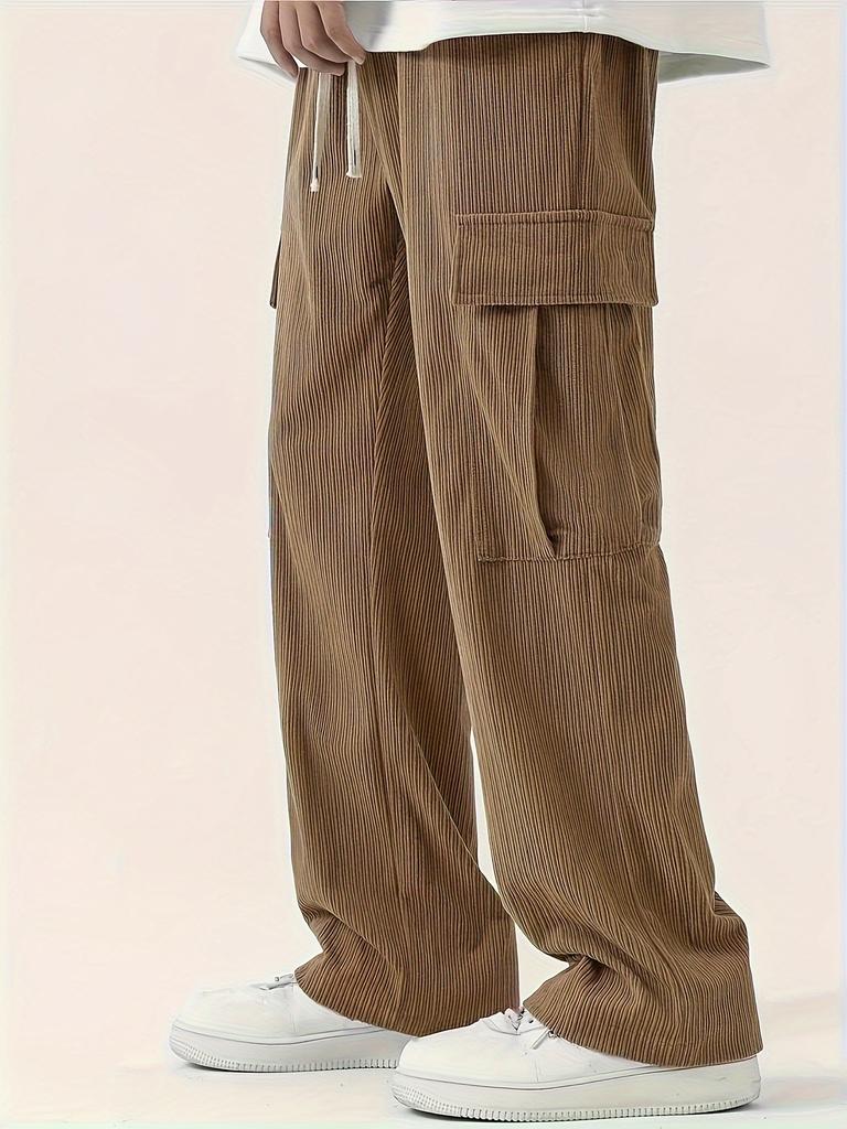 Men's Loose Solid Pants with Multi Pockets Casual Drawstring Trousers for Outdoor
