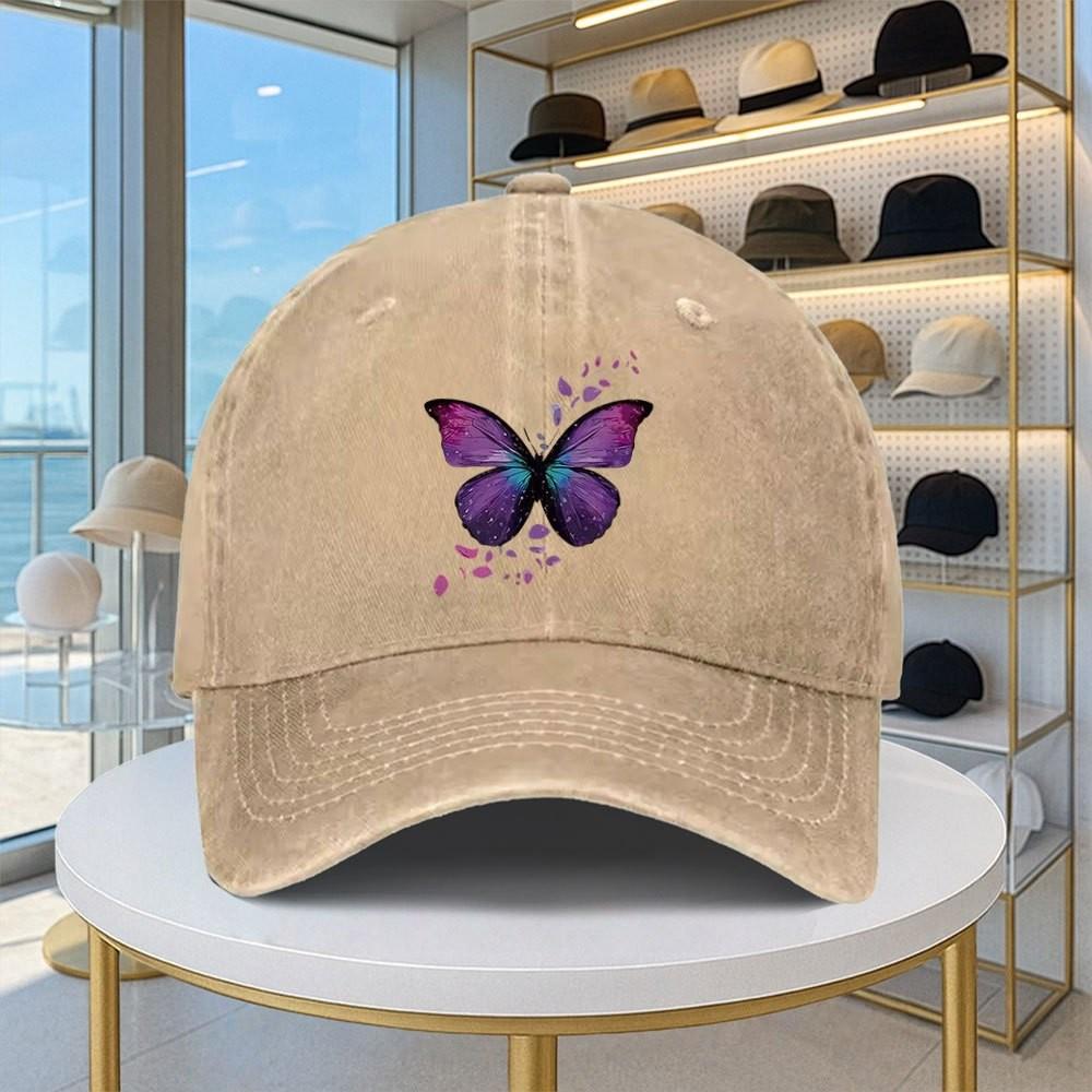 Butterfly Print Washed Baseball Cap Unisex Vintage Adjustable Denim Hat Casual Sports Snapback
