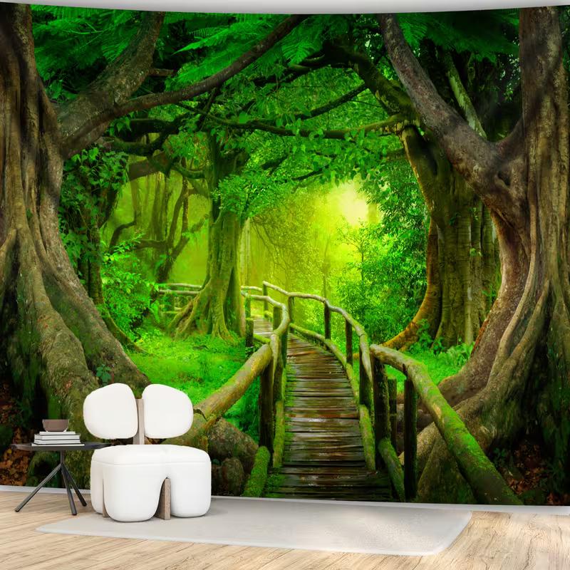 2D Fresh Forest Tapestry, Mossy Wooden Bridge in Green Jungle Wall Hanging, Aesthetic Nature Scenery Decor