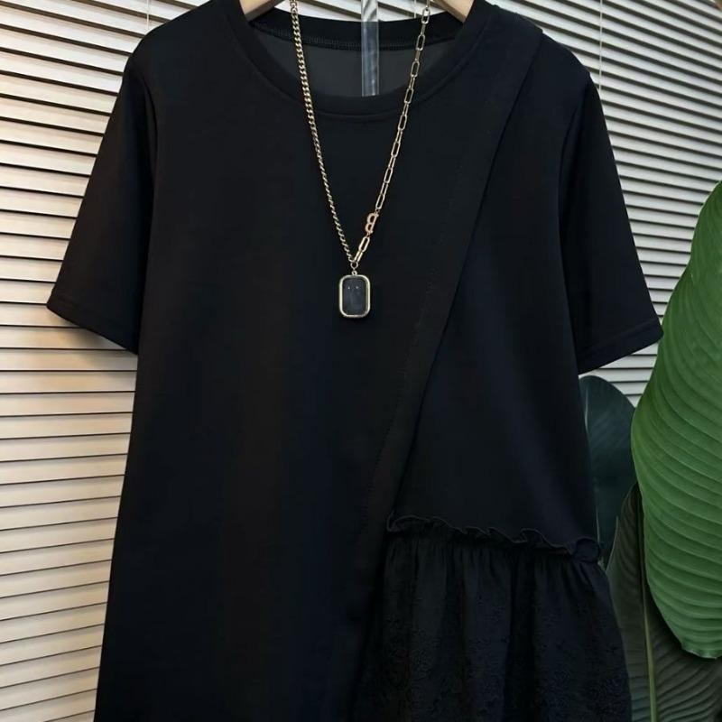 Fashion Large Size Lace Splicing Irregular Blosue Women Short Sleeved T-shirt for Women Summer New Loose Top Sweet Casual O Neck Covers White Shirts