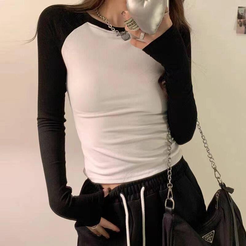 American-Style Spicy Girl Style Raglan Long-Sleeve T-Shirt for Women, Spring and Autumn, Pure Cotton, Slim Fit, High-Waisted, Color-Blocking Inner Top