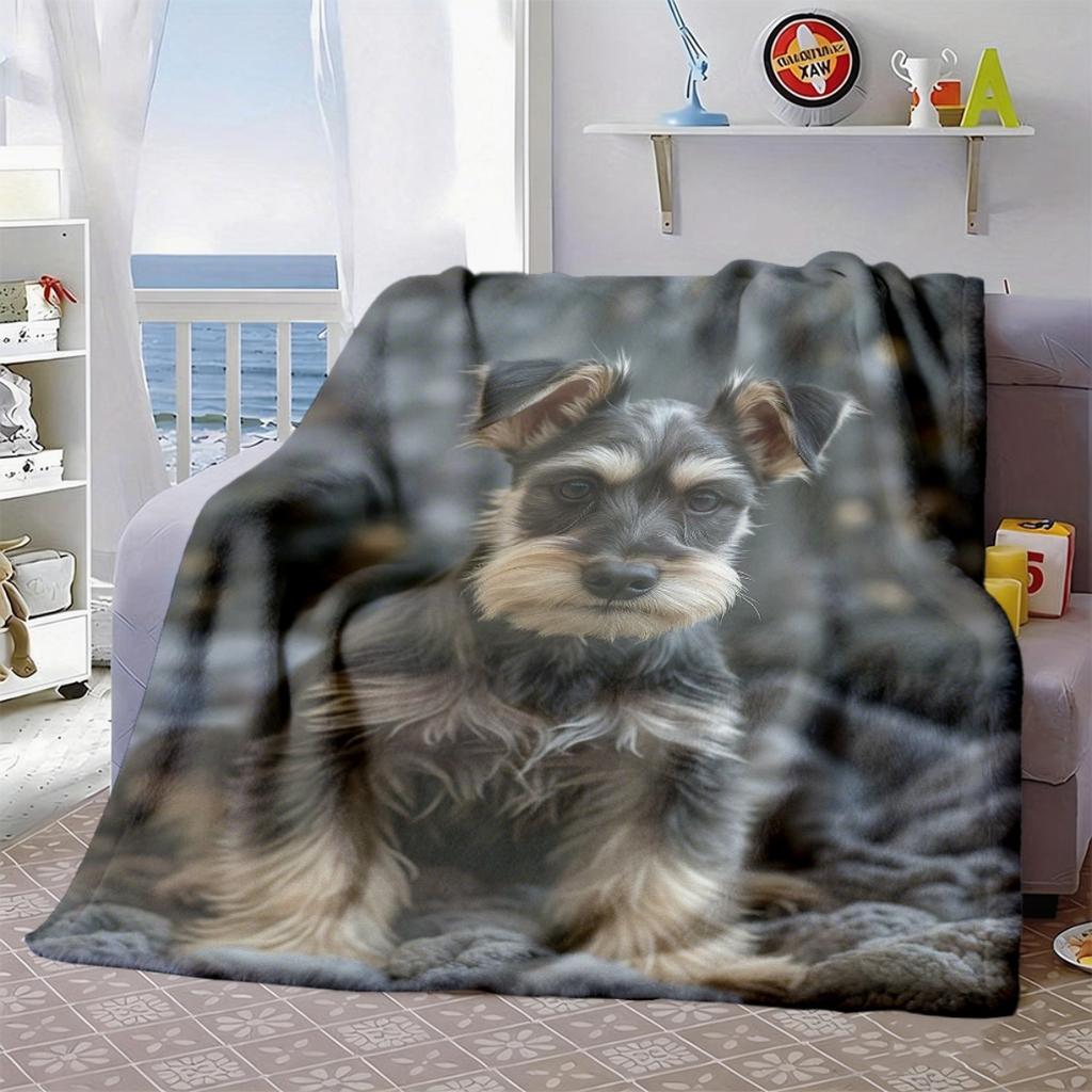 2026 New Arrivals 1pc Schnauzer Dog Portrait Throw Blanket Soft Flannel All-Season Cozy Blanket for Sofa, Bed & Camping, Contemporary Geometric Patter