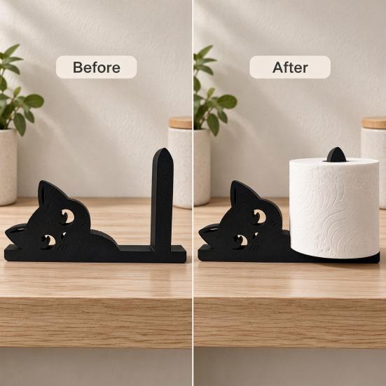 Cute Animal Tissue Holder Cat Shape Roll Paper Stand, Decorative Black Plastic Towel for Kitchen Holder, Stable Base Sturdy Dispenser Countertop Stand