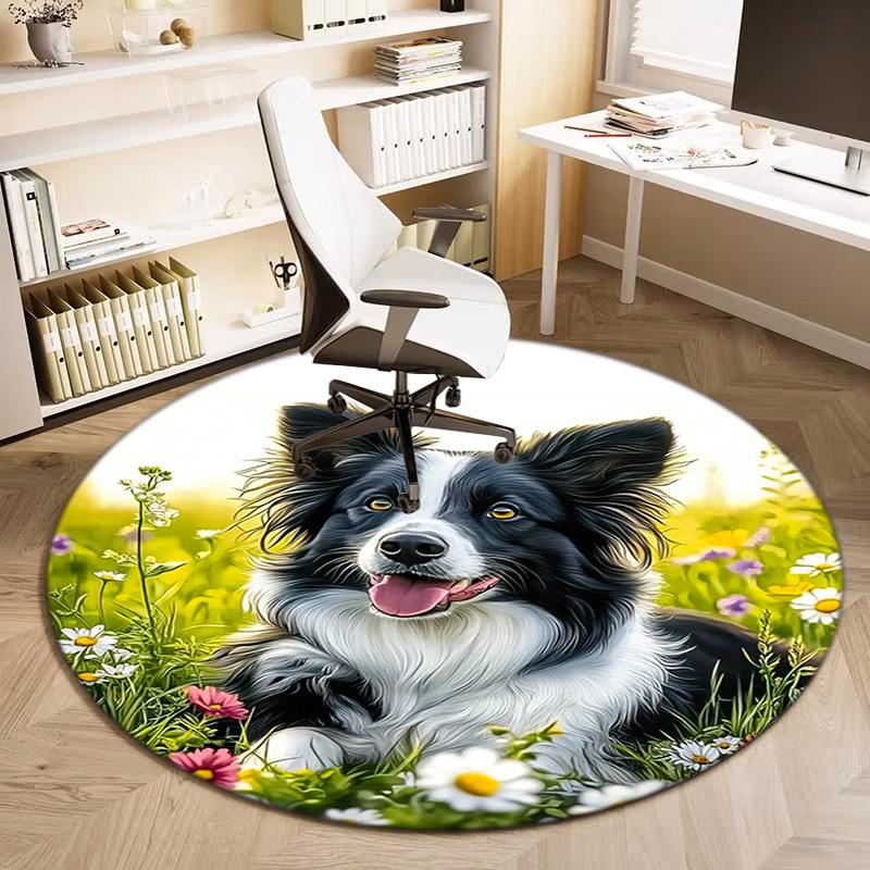 1 Stück Süßer Haustier Chihuahua Border Collie Aufdruck runder Teppich, Fußmatte für Zuhause, Outdoor-Reiseschutzteppich