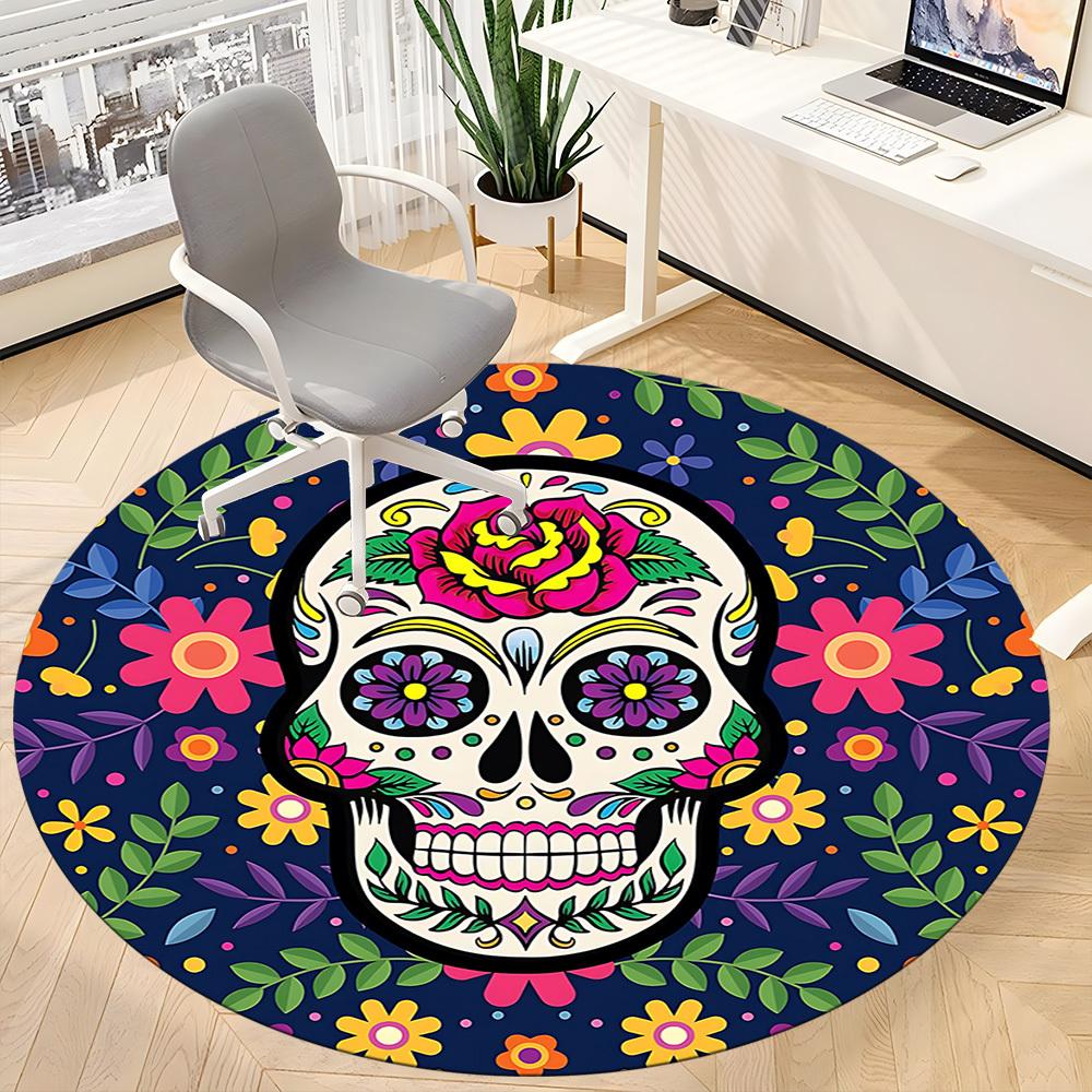 1pc Sugar Skull Decor Carpet, Round Non Slip Durable Large Size Office Carpet, Suitable for Office