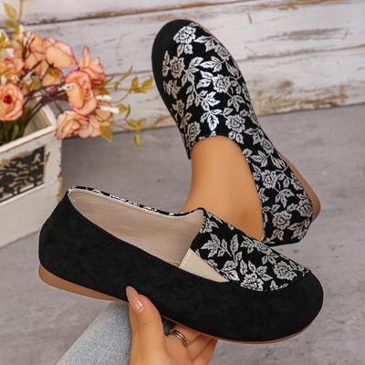 Women's Wide Width Embroidered Floral Flats - Chinese Style Round Toe Slip-On Shoes for Spring/Fall, Comfort Casual Mules