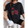Women Casual T Shirt White Rose Floral Print Summer Outfit Top For Everyday Wear