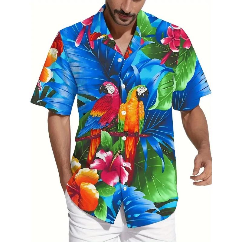 Men's Vibrant Parrot Tropical Floral Print Hawaii Shirts Casual Short Sleeve Button Up Beach Shirt for Men Summer Vacations