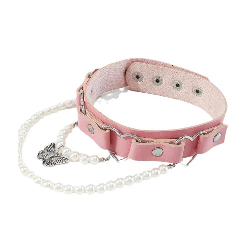 New Fashion, Dopamine Rivet Collarbone Chain, Butterfly Pearl Pendant, Pink PU Leather Women's Neck Necklace.