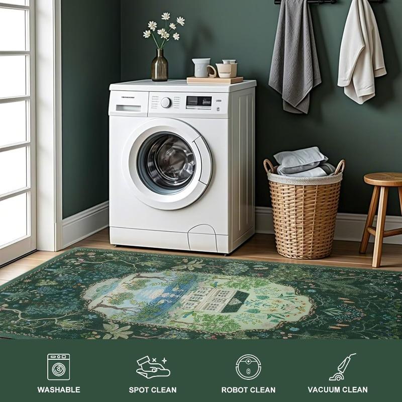 Modern Jungle Floral Living Room Carpet Dark Green Foldable Machine Washable Sofa Coffee Table Mat Advanced Luxury Bedroom Rug