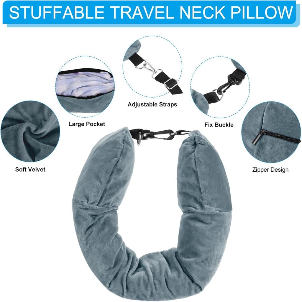 Travel Pillow For Extra Luggage Stuffable Neck Pillow with Adjustable Neck Size Fits 3+ Days of Travel Essentials