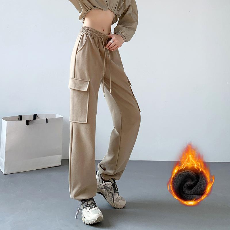 

Флисовые прямые брюки-карго, женские американские повседневные спортивные брюки, зимние толстые бархатные брюки с высокой талией и широкими штанинами для похудения XL