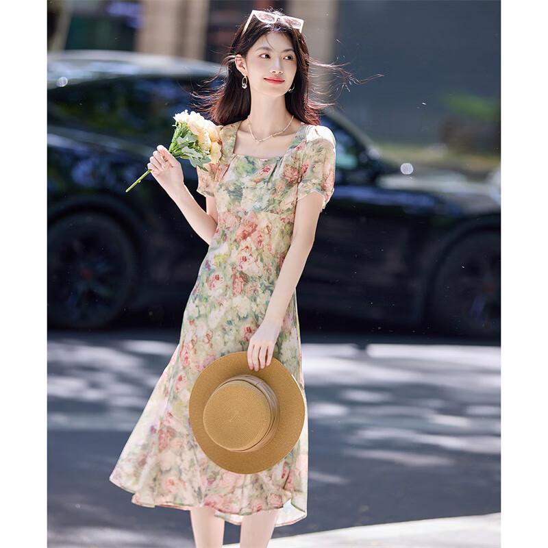 Women's Summer Floral Puff Sleeve Square Neck A-line Dress