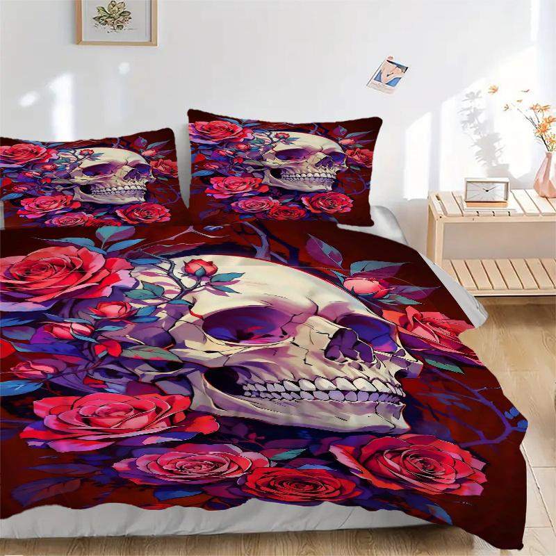 3-teiliges Schädel und Rosen Bettwäsche-Set - Weiches & Bequemes Polyestergewebe, Ganzjahres-Atmungsaktives Bettdecken-Set Für 1 Bettbezug & 2 Kissenbezüge