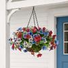 Artificial Hanging Flower with Basket for Outdoors, 4th of July Patriotic Faux Violet Flowers, UV Resistant Fake Plants for Outside Porch, Yard, Patio