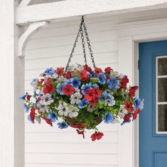 Artificial Hanging Flower with Basket for Outdoors, 4th of July Patriotic Faux Violet Flowers, UV Resistant Fake Plants for Outside Porch, Yard, Patio