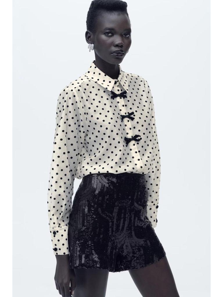 Women's Polka Dot Shirt with Bow - Spring/Summer 2025 Collection: Sweet, Versatile Drape, and Simple Design.