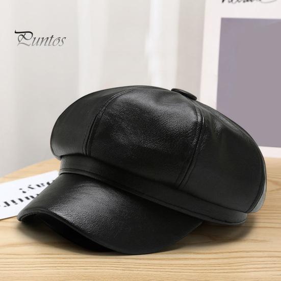 Women Beret Hat Spring Summer Retro Solid Color Faux Leather Short Brim Decorative Sun Protection Anti-UV Breathable Lady Painter Unisex Octagonal Cap