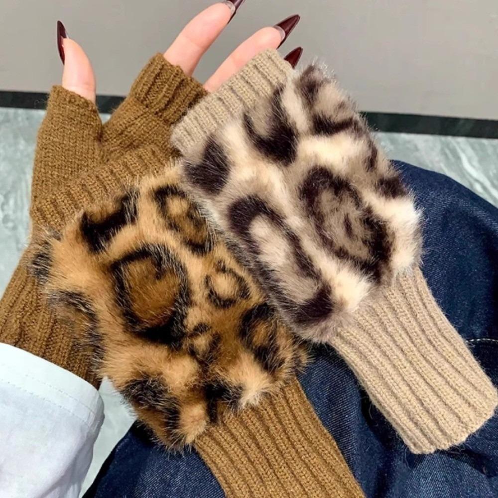 Soft Plush Fingerless Gloves Warm Leopard Print Gloves Vintage Half-Finger Gloves Women