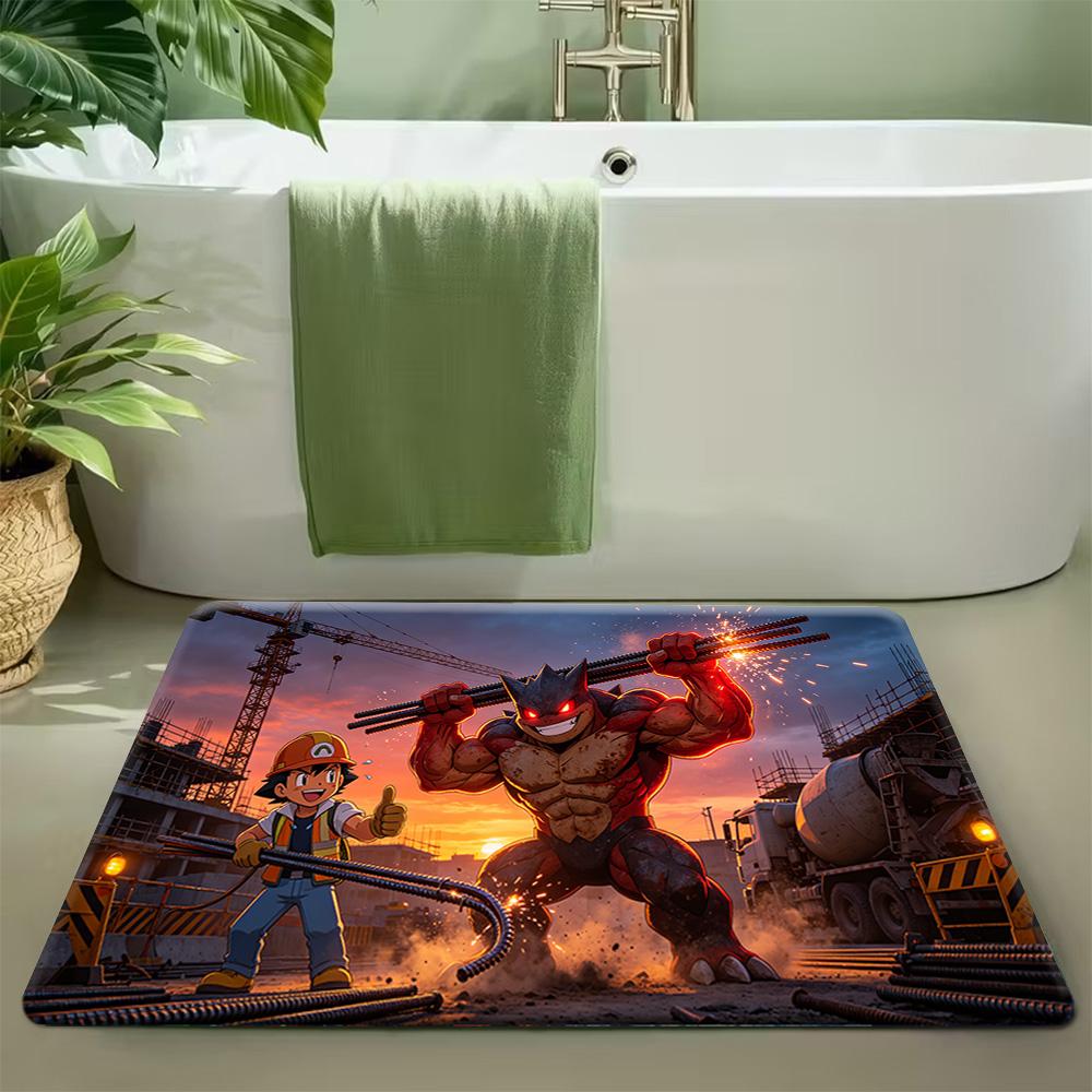 Pikachu Thunderbolt City Night Print Doormat Non-Slip Water Absorbent Floor Mat for Home Decor