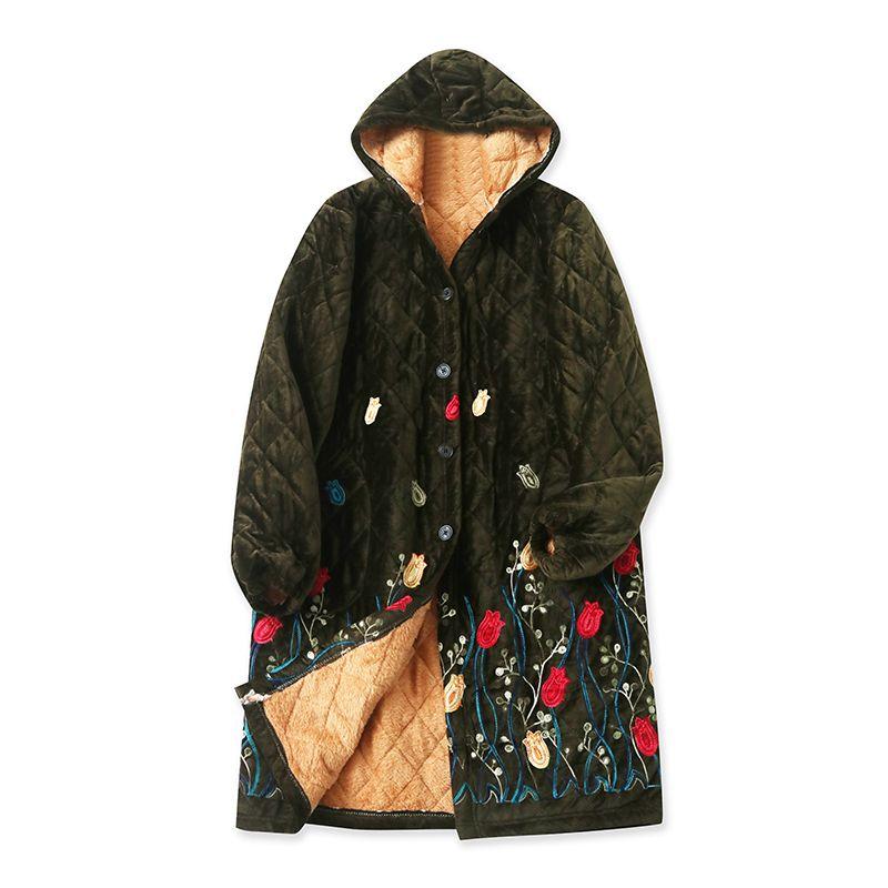 Long Length Cotton-Padded Coat Winter New Women's Clothing Hooded Collar Long Sleeves Single-Breasted Pocket Embroider Velvet Cotton Clothes 27217