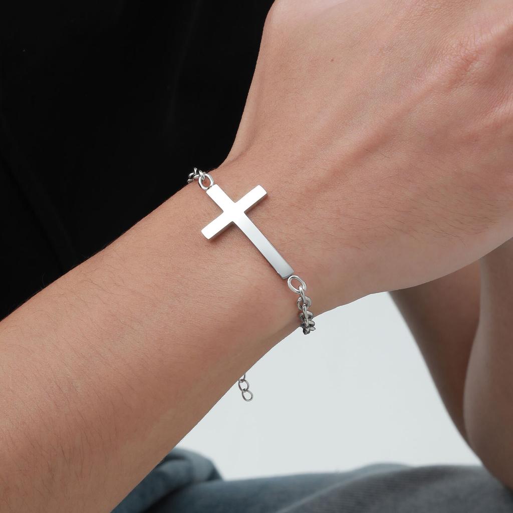 Mens Stainless Steel Cross Rolo Chain Bracelet,Waterproof Never Fade Links Wristband,Religious Christian Jewelry Gifts