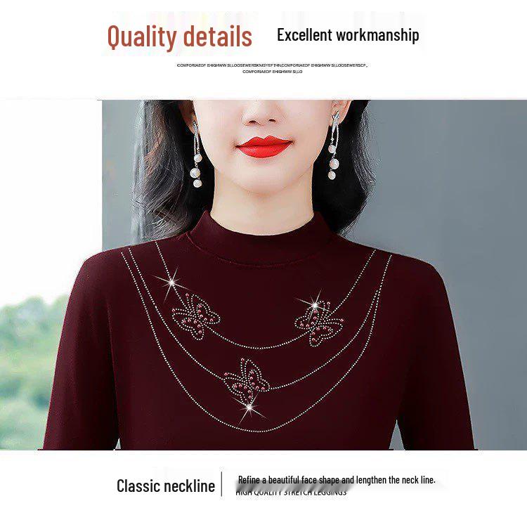 Women's Double-Sided German Fleece Turtleneck Top, Long Sleeve, 2026 Autumn/Winter, Stylish with Hot Drill Accents, Warm and Trendy.