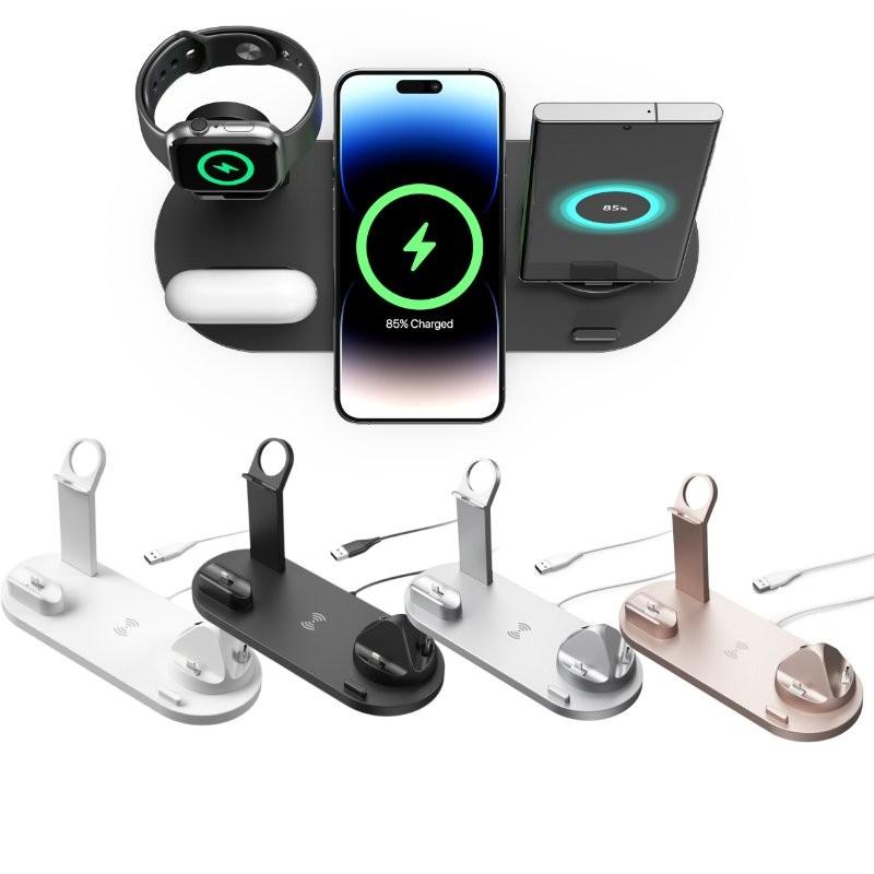 New Wireless Charger 15w Three In One Rotating Socket For Phone Headphones And Watch In Black White Silver Rose Gold