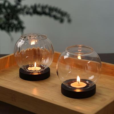 Retro Round Transparent Candle Holder Glass with Wooden Base Oil Lamp Shape Tealight Wedding Party Dining Table Decorations
