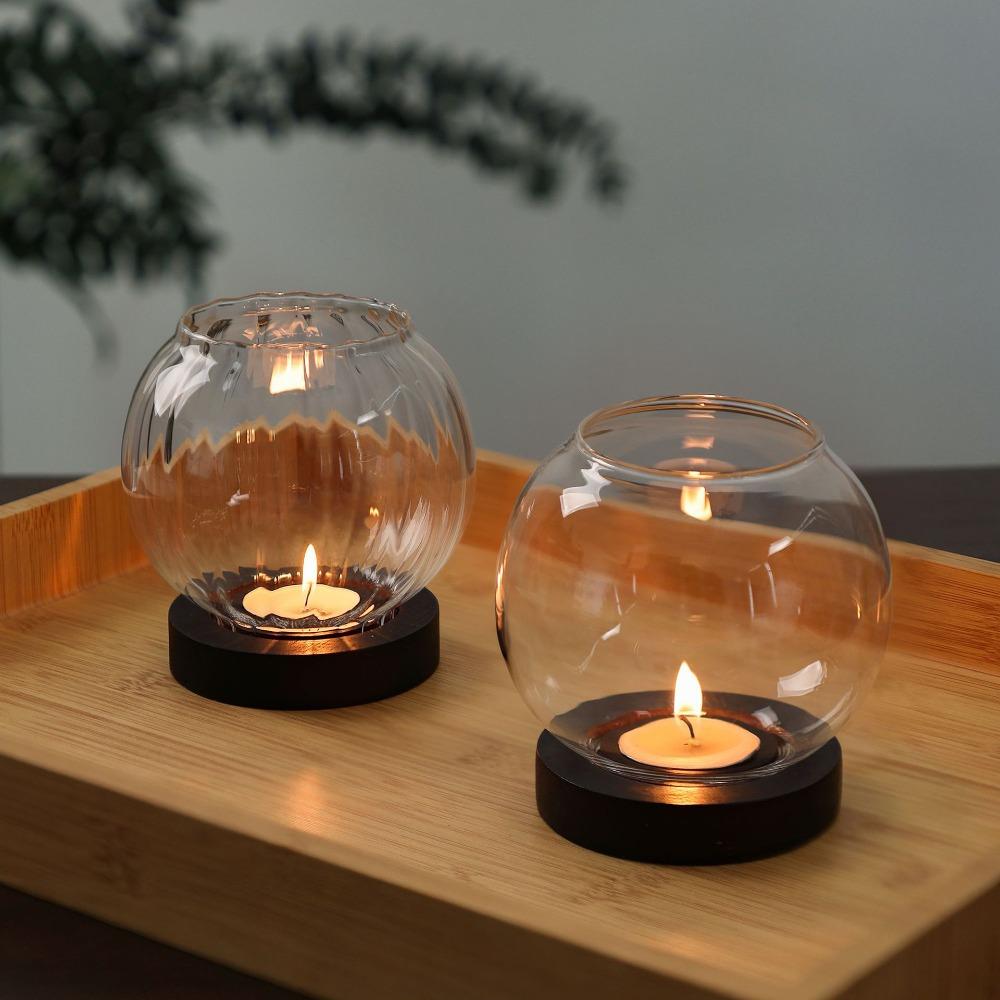 Romantic Transparent Candle Holder with Wooden Base Retro Oil Lamp Shape Round Candlesticks Tealight Dinner Table Decoration