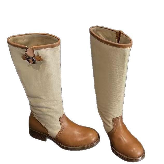 Cowhide Version Splicing Leather Western Boots Pleated Piled Boots Women'S Knee Retro Style Thick Heel Thin Knight Boots