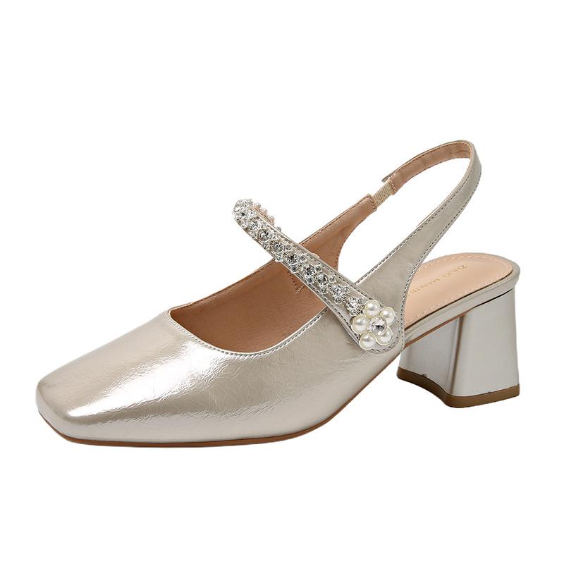 

Французские туфли Мэри Джейн с открытой пяткой и стразами, женские, лето 2025, новые, универсальные, на толстом каблуке, на высоком каблуке, ретро-сандалии с пряжкой 40 шампанского