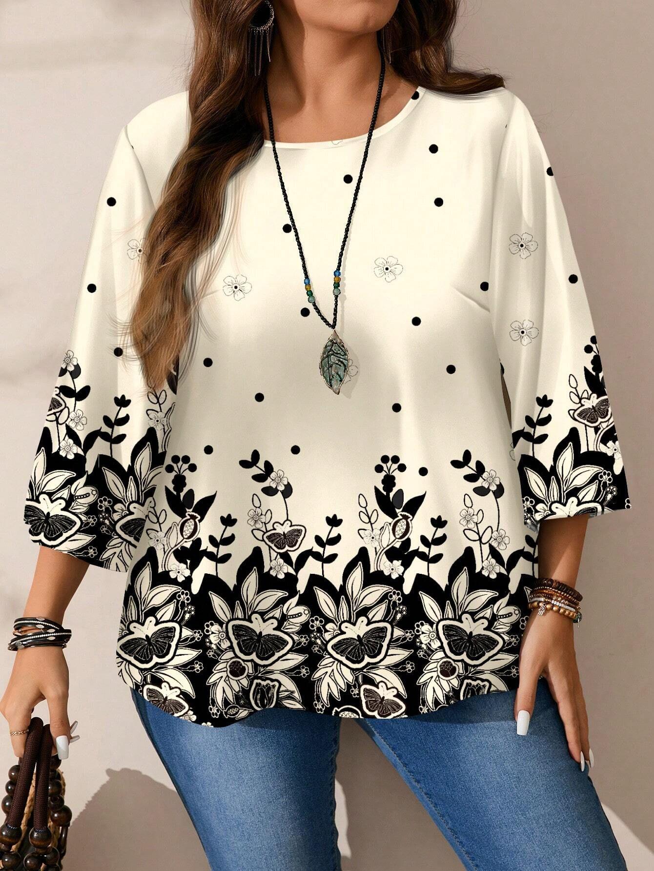 

2025 Fashionable High-Quality Printed Round Neck Women s Top with Seven Sleeves - European & American Style XL слонова кістка/білий