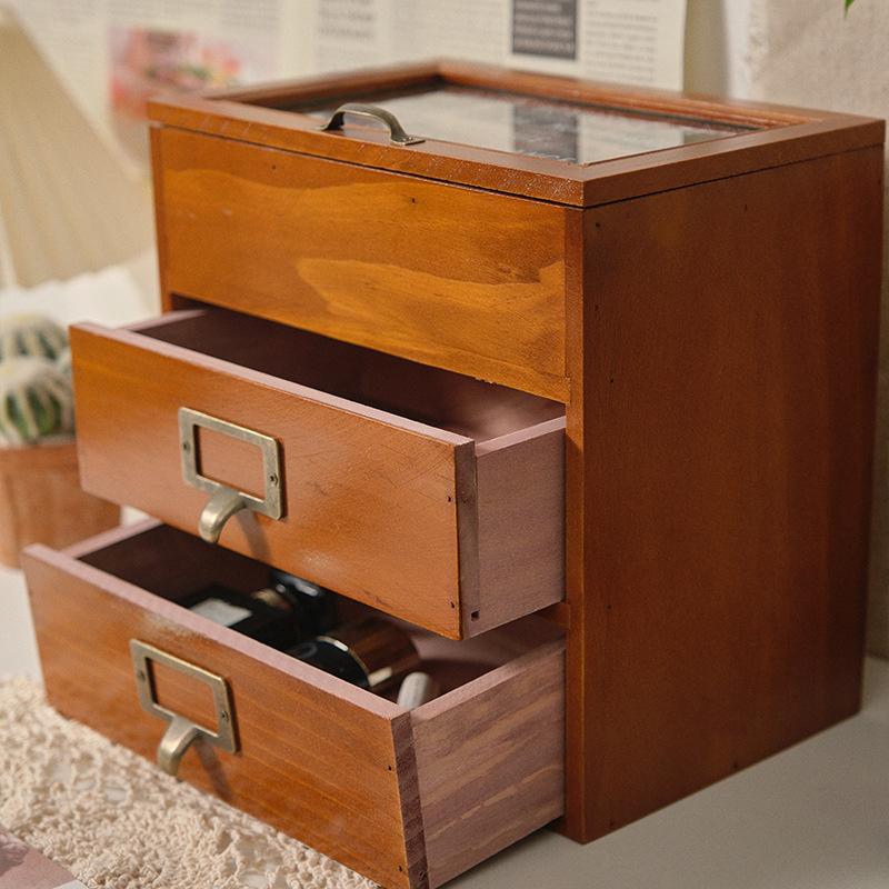 27*26*20cm1pc Vintage Glass Dust-proof Six Grids Jewelry&perfume Storage Cabinet with Two drawers,Multi Layer Collectibles Storage Case.
