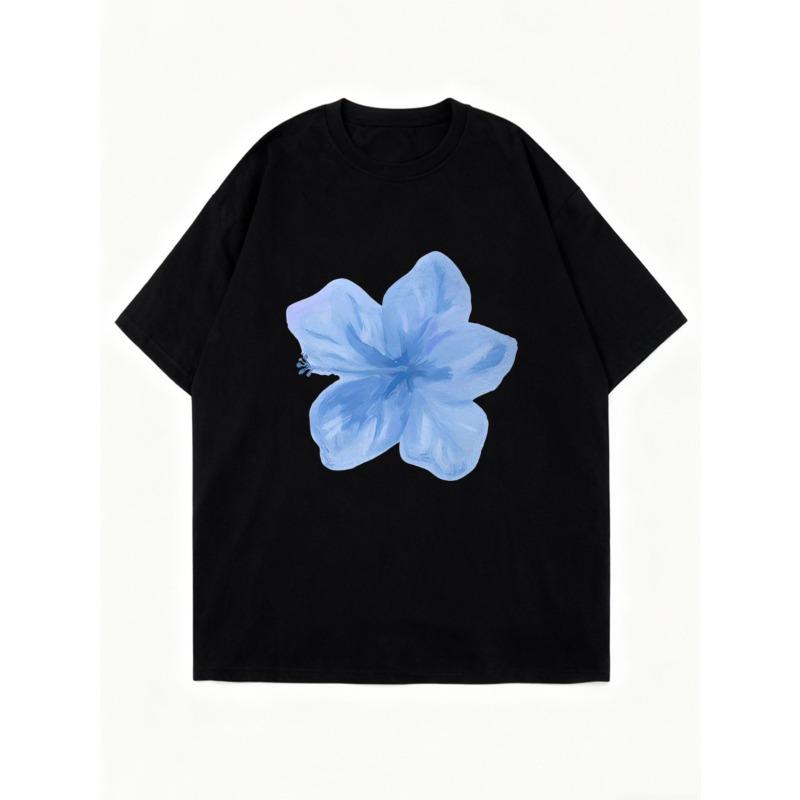 Black Oversized T Shirt With Blue Flower Print For Casual Wear