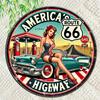 Vintage Route  Americas Highway Round Metal Tin Sign  Retro PinUp Girl  Classic Car Wall Decor for Garage Man Cave Bar