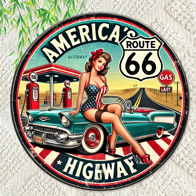 Vintage Route Americas Highway Round Metal Tin Sign Retro PinUp Girl Classic Car Wall Decor for Garage Man Cave Bar