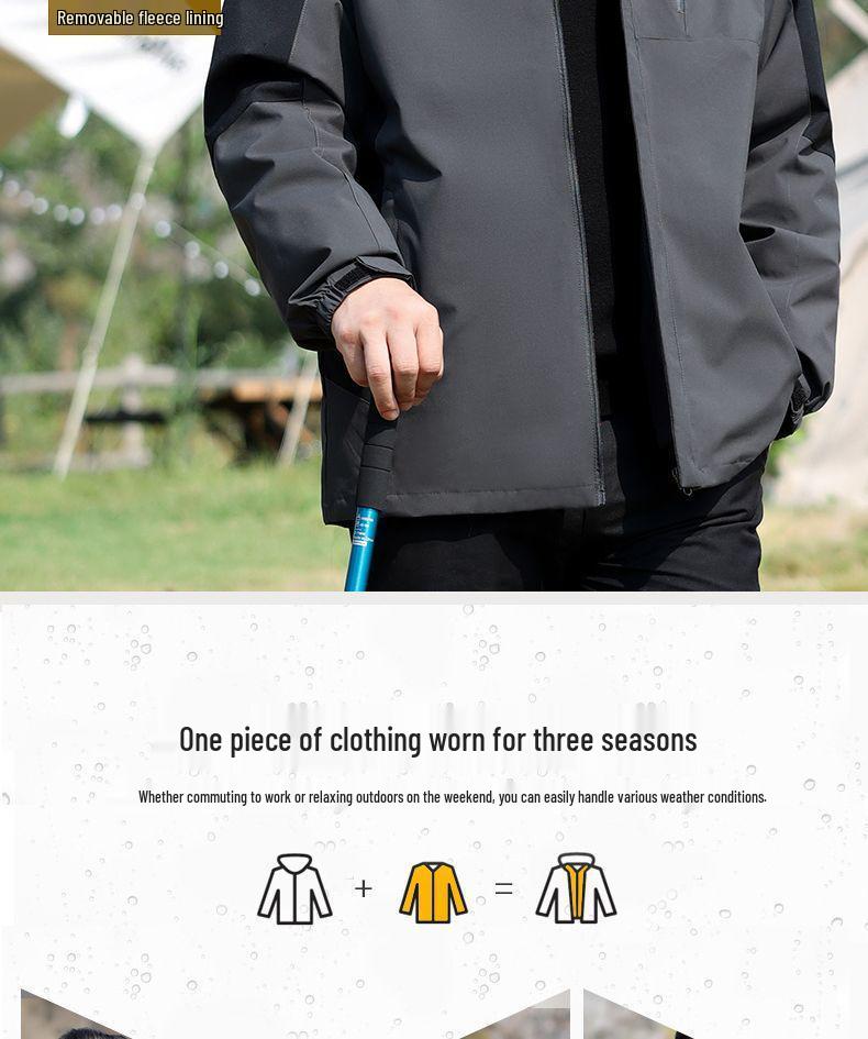 Men’s Three-In-One Windbreaker: Plus Velvet Detachable Jacket for Middle-Aged and Elderly – Perfect for Spring and Autumn.