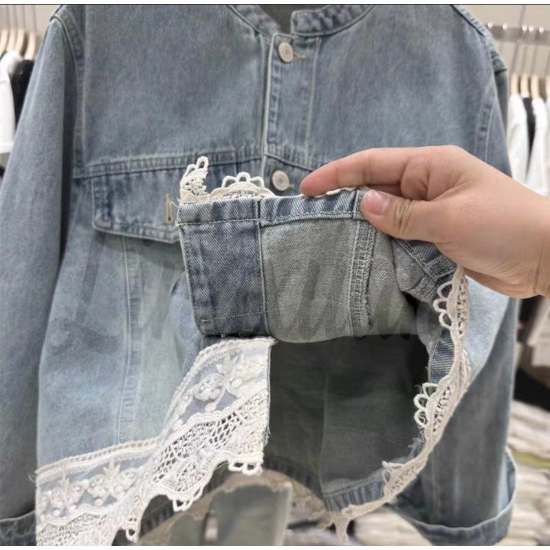 New Spring Denim Jacket with Lace Patchwork One Size синий