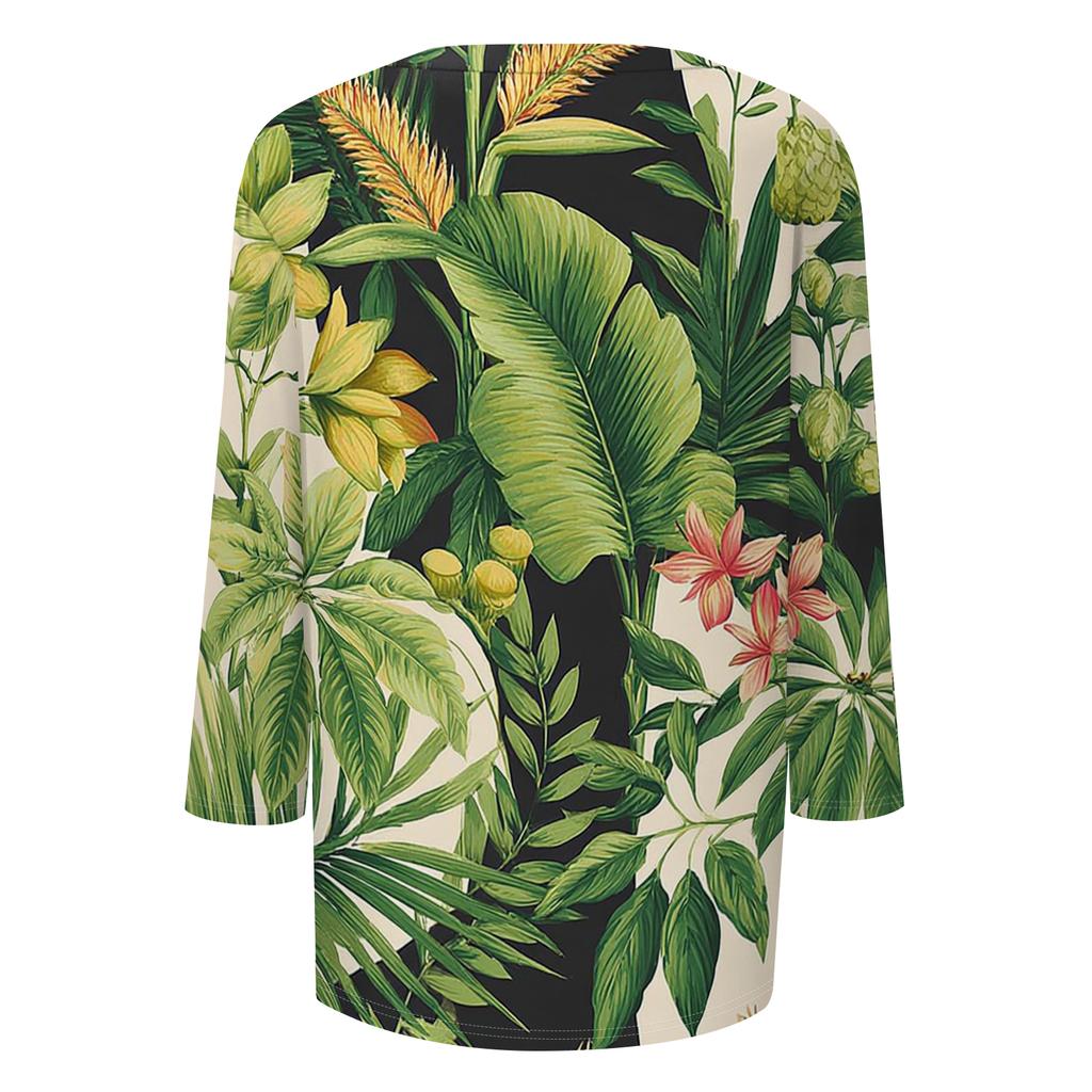 Women’s Casual Round Neck Three Quarter Sleeve Floral Print T Shirt Top with Relaxed Fit for Daily Wear and Comfort