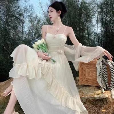 Summer New Elegant Waist-cinching Vacation Long Dress, French High-end Fairy Fairy Princess Slip Dress for Women