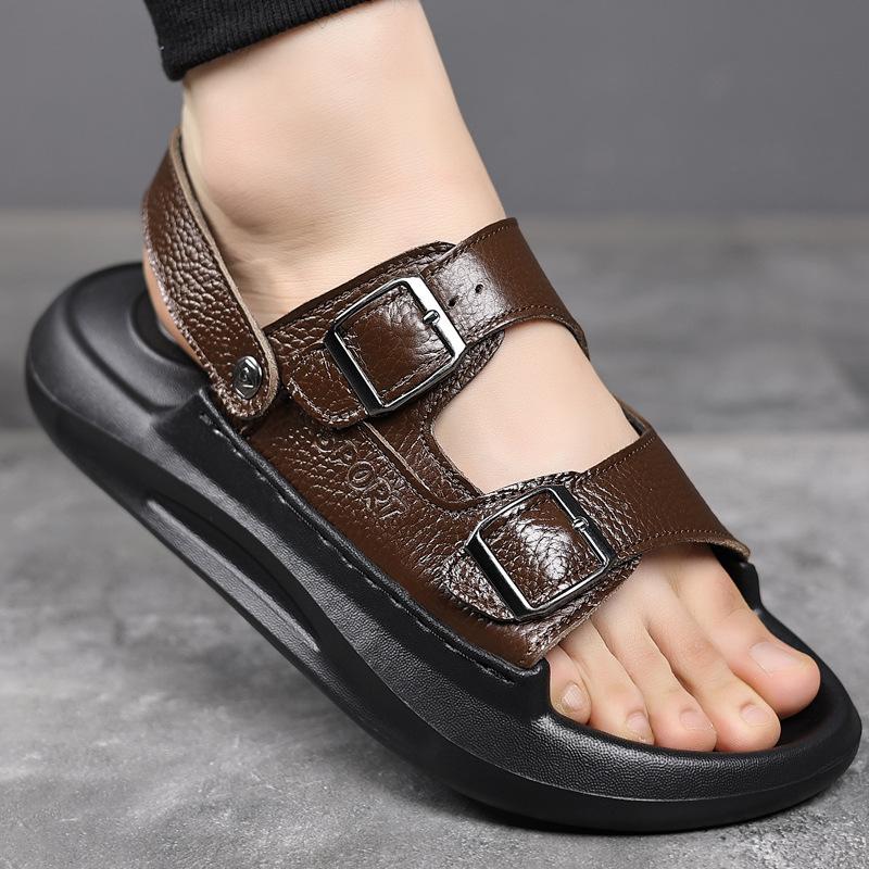Fashion Buckle Designer Leather Sandals for Men Fashion Casual Outwear Sports Platform Beach Shoes Male Solid Color Slipper Shoe Man