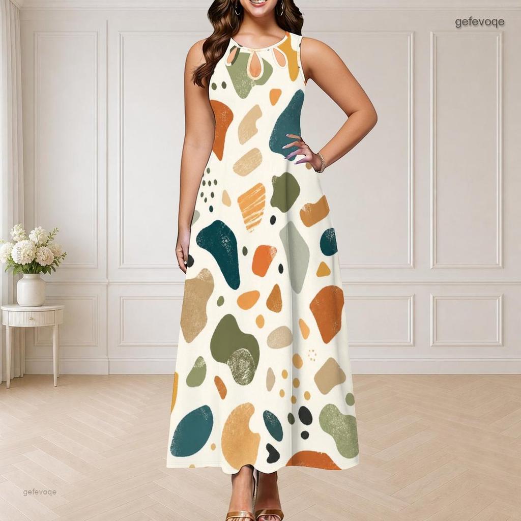 Women Plus Size Round Neck Triple Keyhole Sleeveless Geometric Printed Long Dress